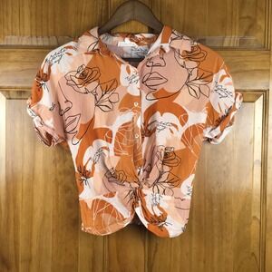 Sunburst Kiss Womens S Orange Floral Twist Front Crop Top Shirt Indie Boho Retro